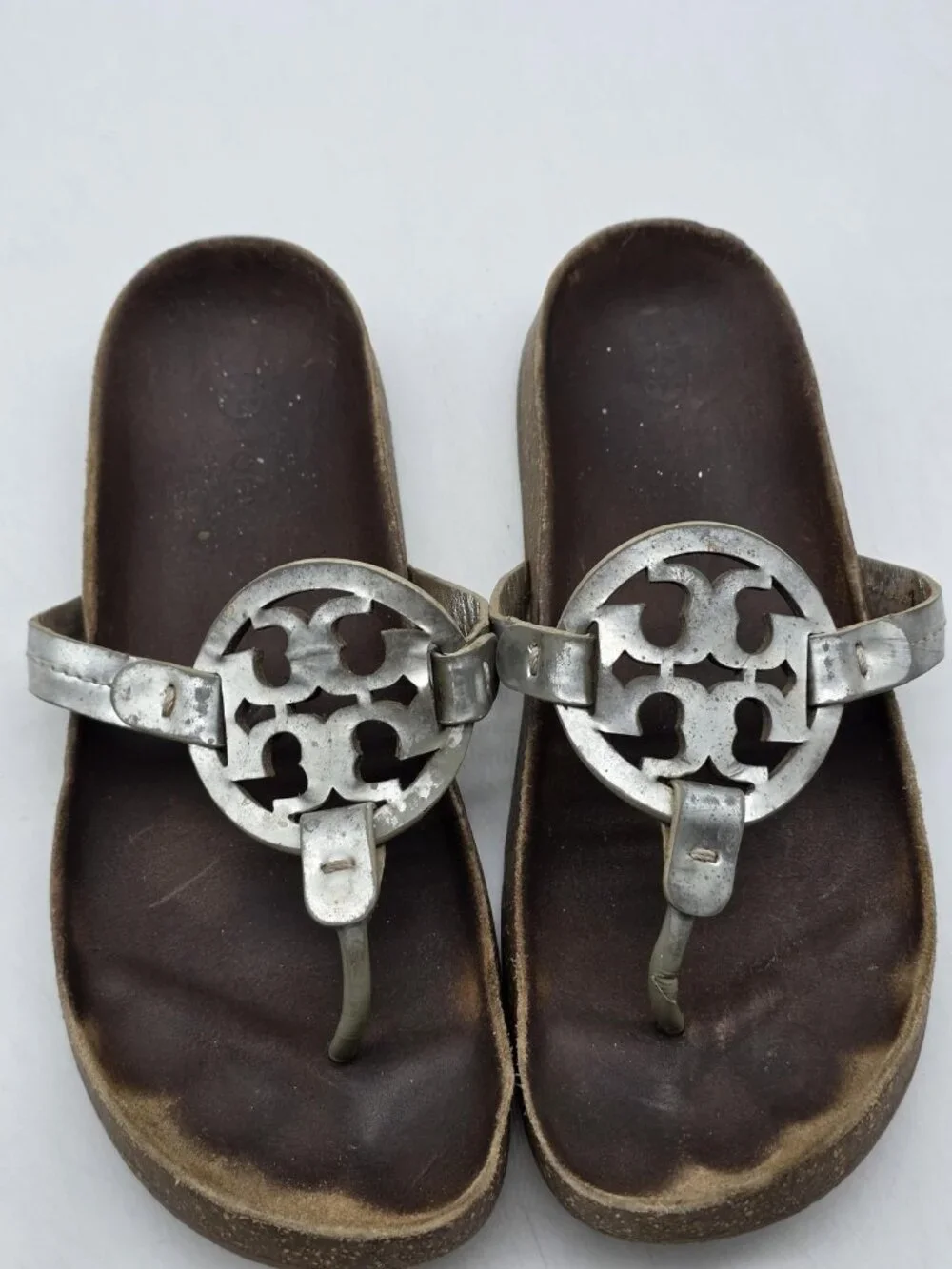 Tory Burch Sandals Women Size 8 Silver Miller Cloud Logo Thong Cork Footbed Shoe